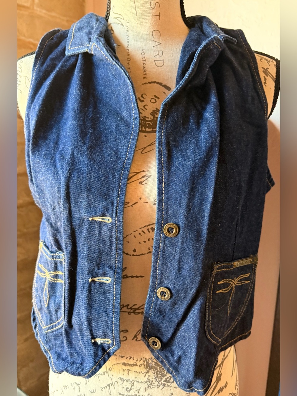 Vintage 70s Pentimento Dragonfly Contrast Stitch Denim Vest M